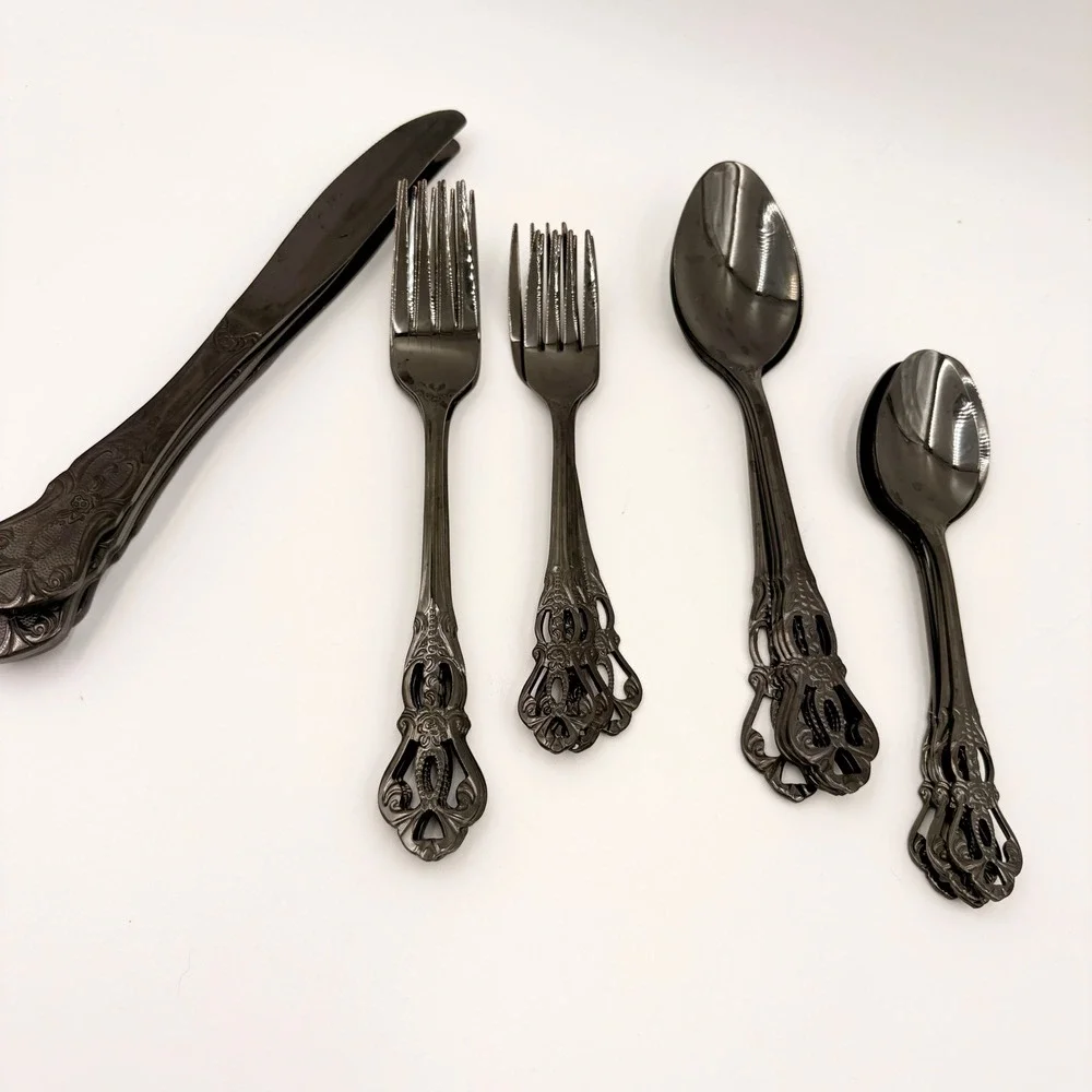 Baroque Gunmetal Black Rose Filigree Flatware 20pc Gothic Victorian Halloween